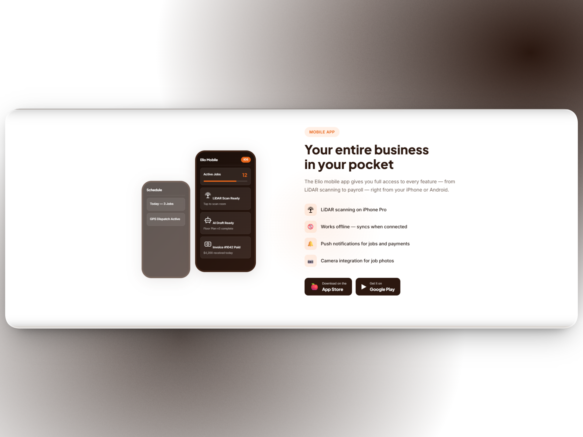 ElioCare mobile app for business management on the go with LiDAR scanning, offline sync, and push notifications